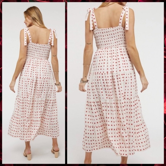 Lux Brand Lined Maxi Dress Smocked, Ruffled Tiers, Wide Shoulder Ties & Pockets - Picture 13 of 14